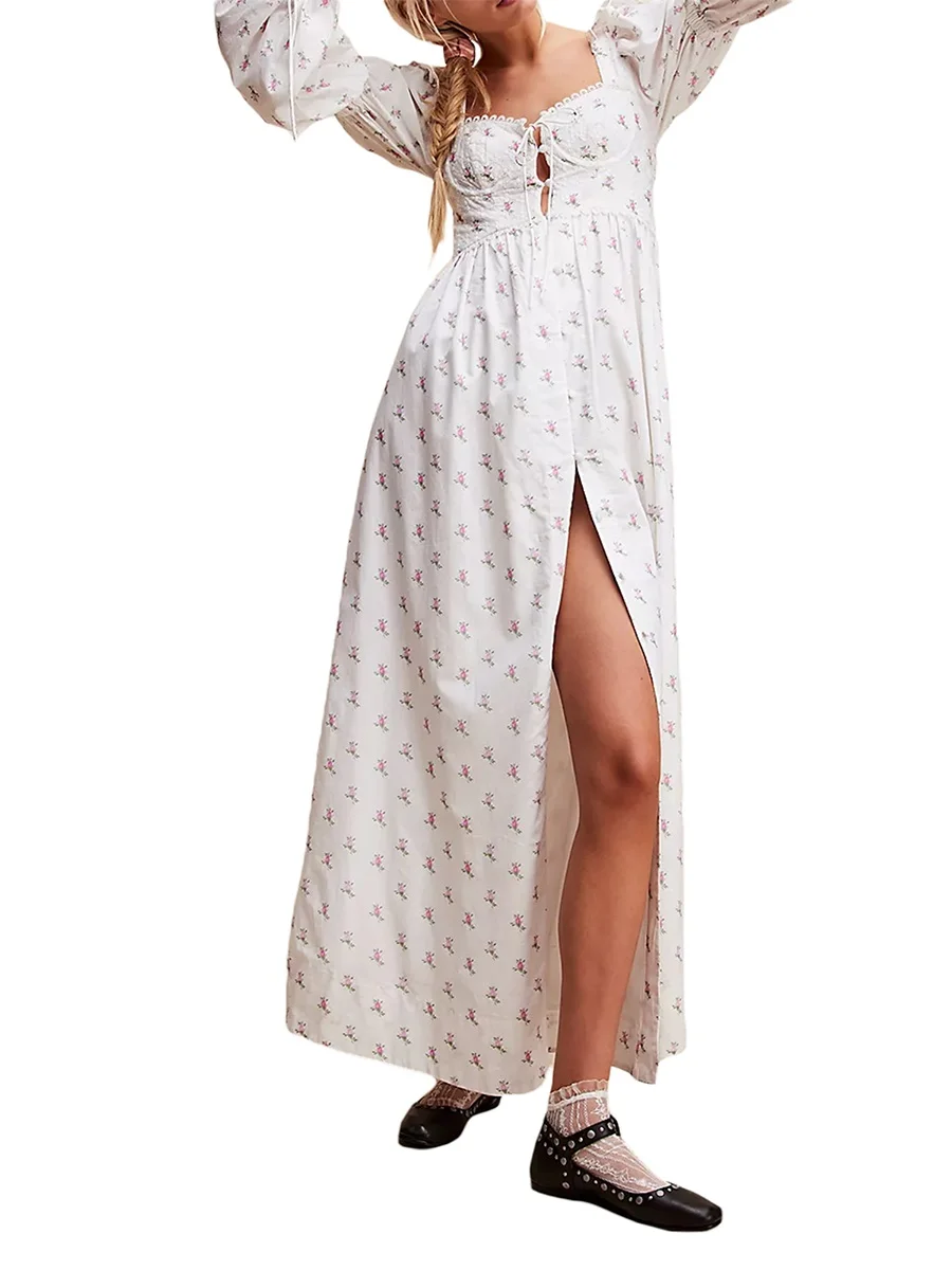 

Women's High Split Dress Cross Tie-up Front Floral Print A-Line Dress Long Puff Sleeve Sweetheart Neckline Empire Waist Dresses