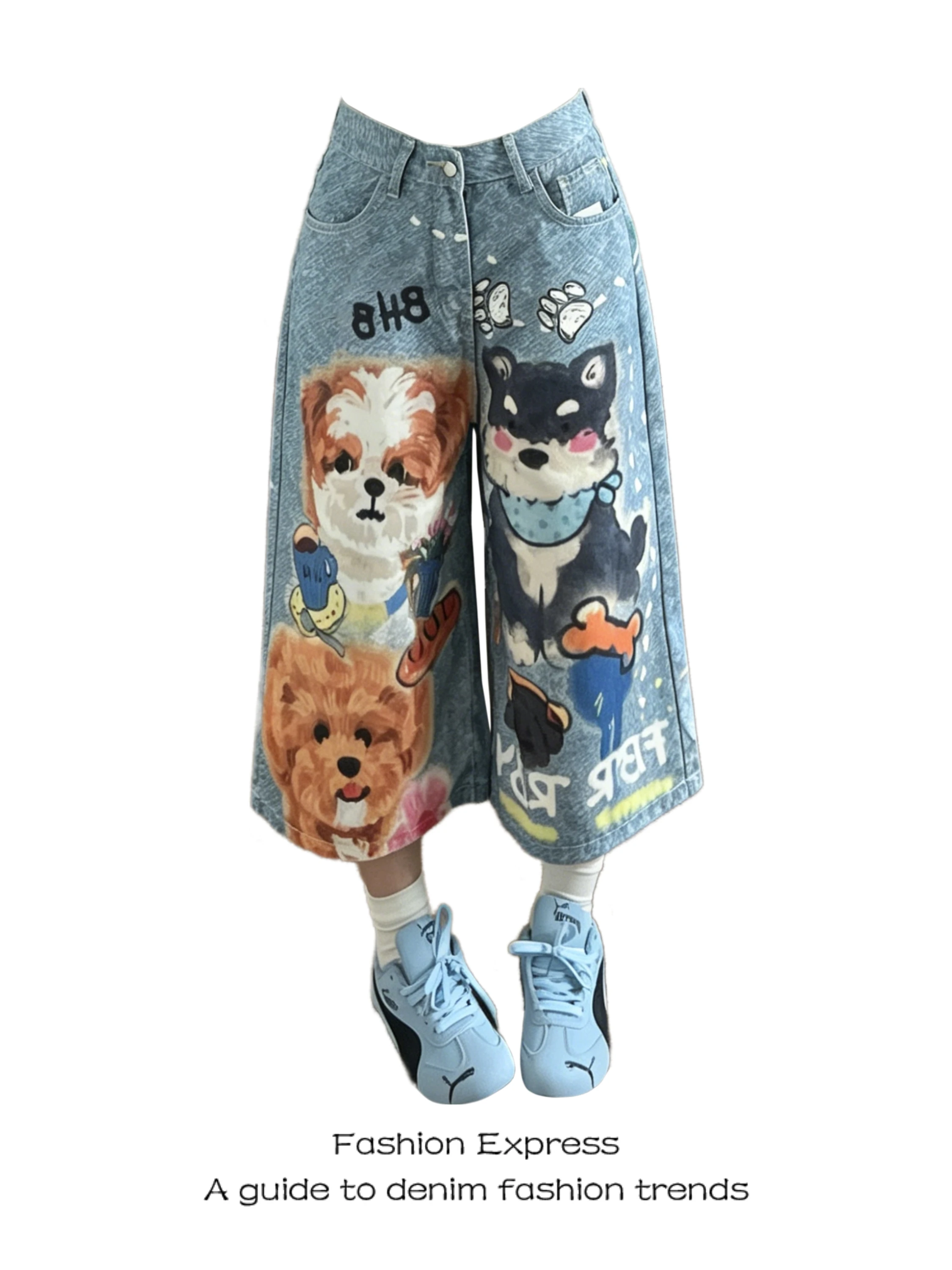 

Women's Summer Thin Denim Wide Leg Short Pants Animal Graffiti Design American Style Light Blue Jeans High Waist Commute Style