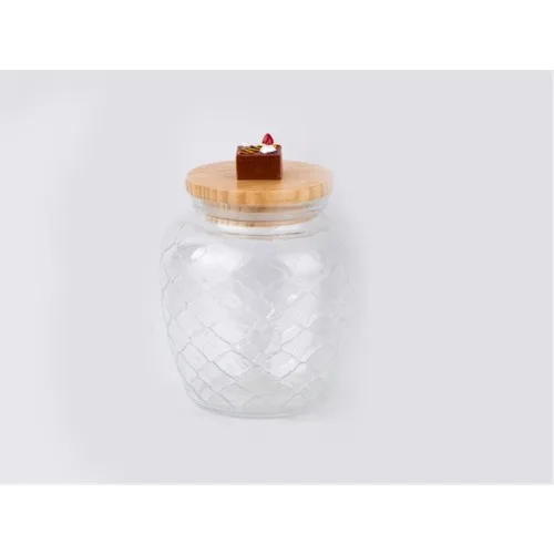 Symbol Honeycomb Patterned Glass Jar With Wood Lid 15x25 cm.