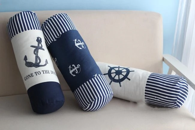 45x15cm blue Mediterranean canvas sea anchor lumbar pillow sofa office nap cushion cylindrical neck pillow