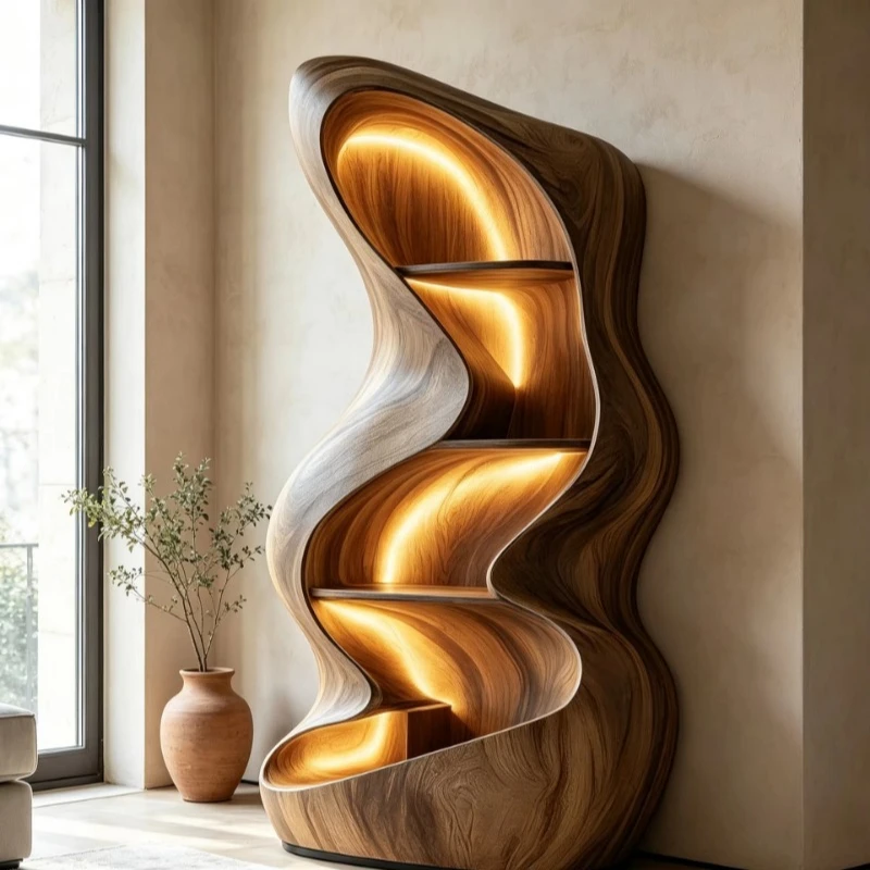 Fiberglass frame wood texture curved bookcase, integrated LED lighting, suitable for modern home interior decoration