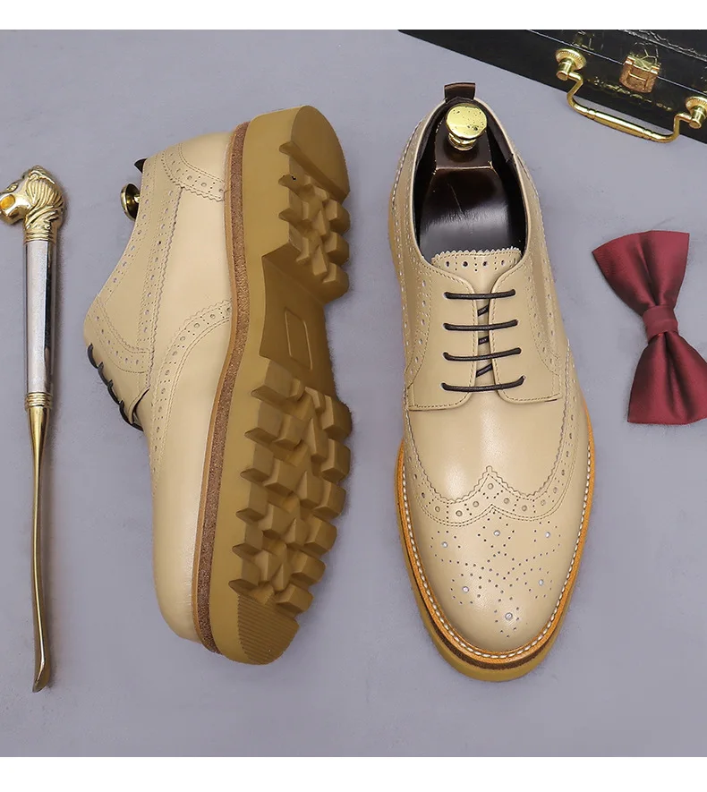 2026 Men's Handmade Genuine Leather Wingtip Brogue Oxford Shoes Thick Sole Elevator Casual Business Dress Shoes for Wedding Wear