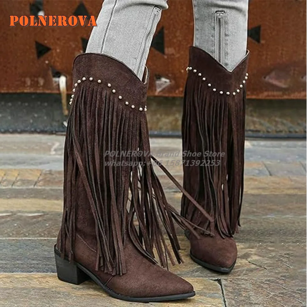 Dark Coffee Rivet Fringe Women Retro Boots Pointed Block Heel V-Cut Slip On Plus Size Fashion Mid-Calf Boots 2024 Autumn Winter