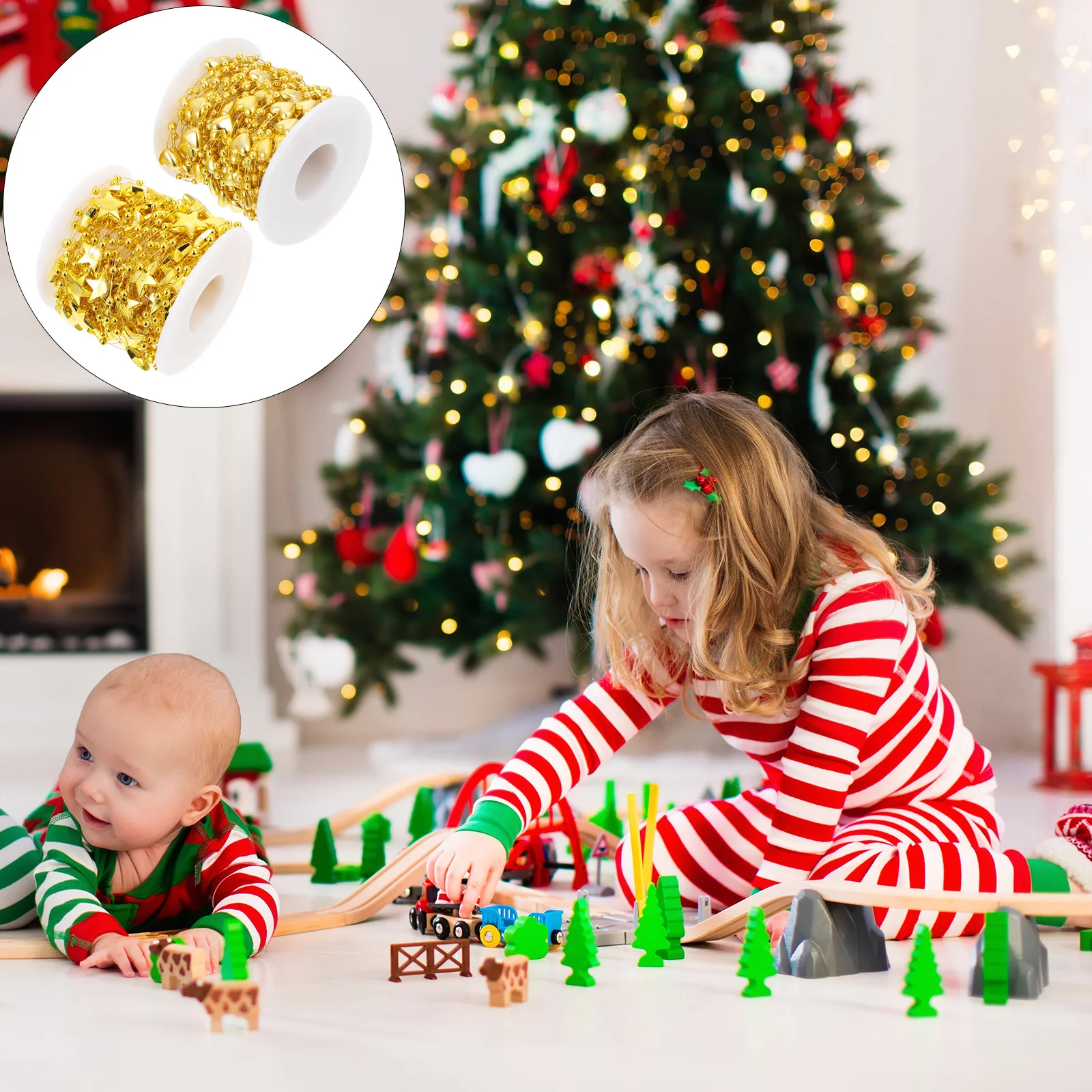 

2Pcs Christmas Beads String Electroplated Five-Pointed Star and Love Shape Hanging Decor for Tree Wall Door Fence Wedding Party