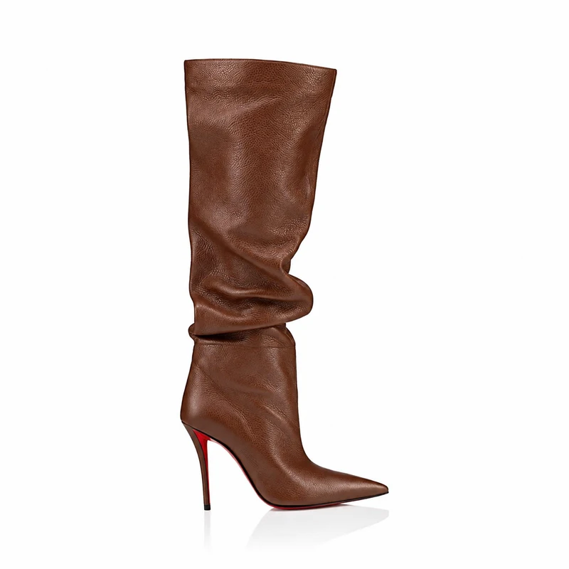 Women's shoes 2026 Grainy PU Knee High Boots Pointed Toe Stiletto Heel Slouchy Mid-Calf Tall Boots Red Soles Evening Fall Winter - view 6