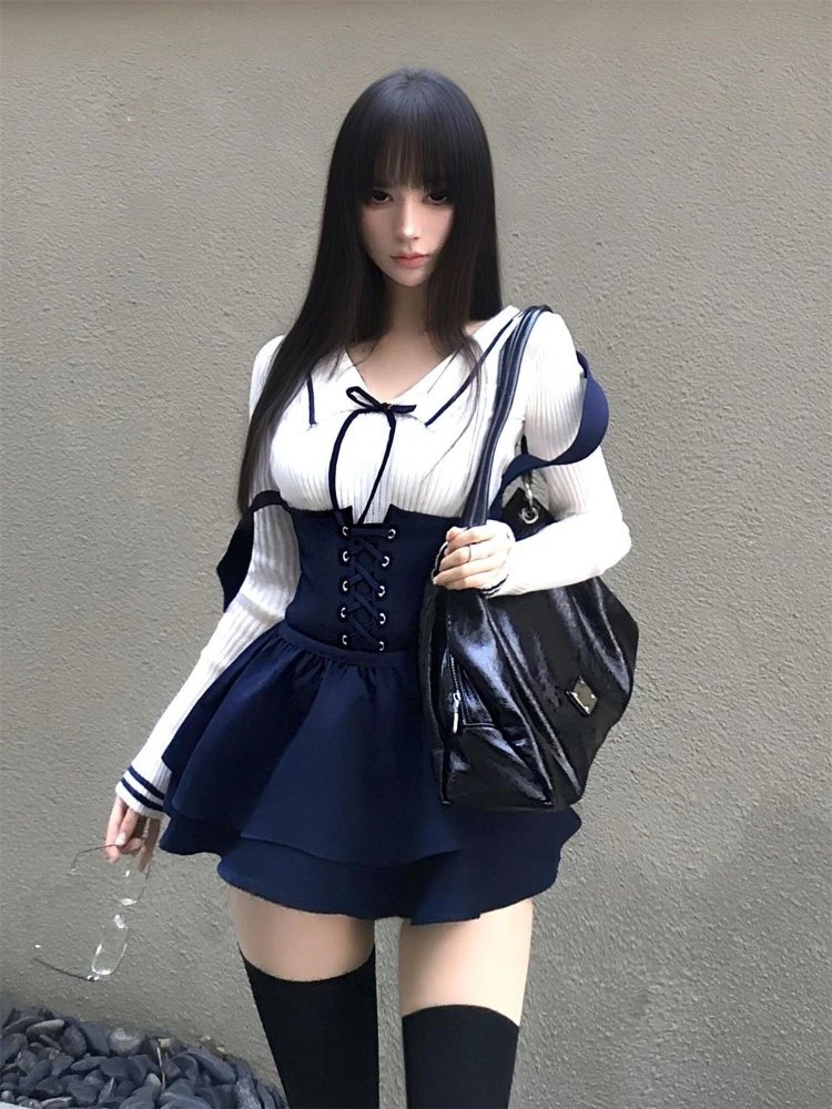 

Весенний комплект в стиле преппи: облегающий, милый, теплый, с бантом, из двух предметов, для женщин, винтажный дизайн, для модниц, с длинными рукавами, вязаный, в корейском стиле