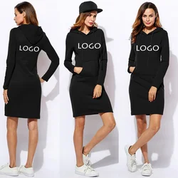 Vestido com capuz feminino personalizado com logotipo, manga comprida, streetwear de linha, esporte casual feminino