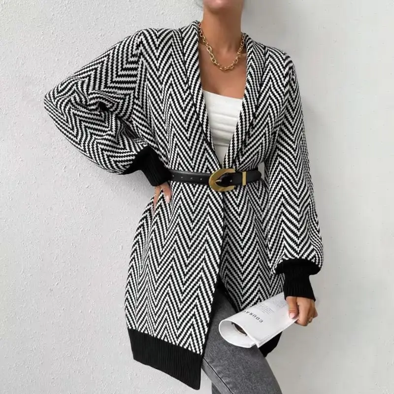 Knit Cardigan Women Long Coat Full Sleeve Striped Coat V Neck Sweater Coats Casual Open Stitch Office Lady Autumn Streetwear