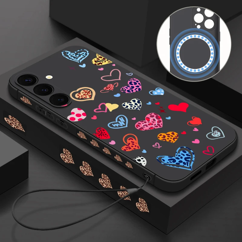 Magnetische Für Magsafe Fall Für Samsung Galaxy S25 S24 Ultra S24 S23 FE S23 S22 Plus Bunte Liebe Herz Gedruckt TPU Lanyard Abdeckung