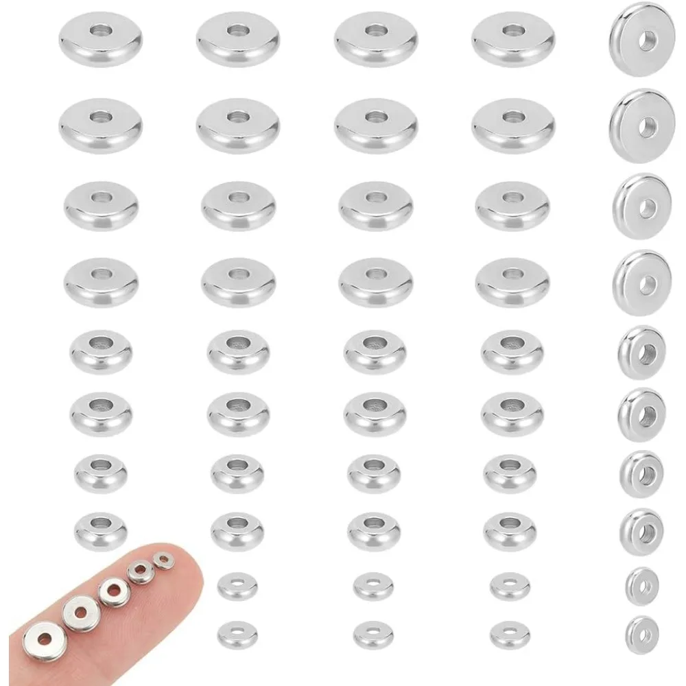 5 Sizes Spacer Beads 100pcs Flat Round Stainless Steel Beads 1.2-2mm Small Hole Metal Spacers Flat Metal Beads for Bracelet Neck