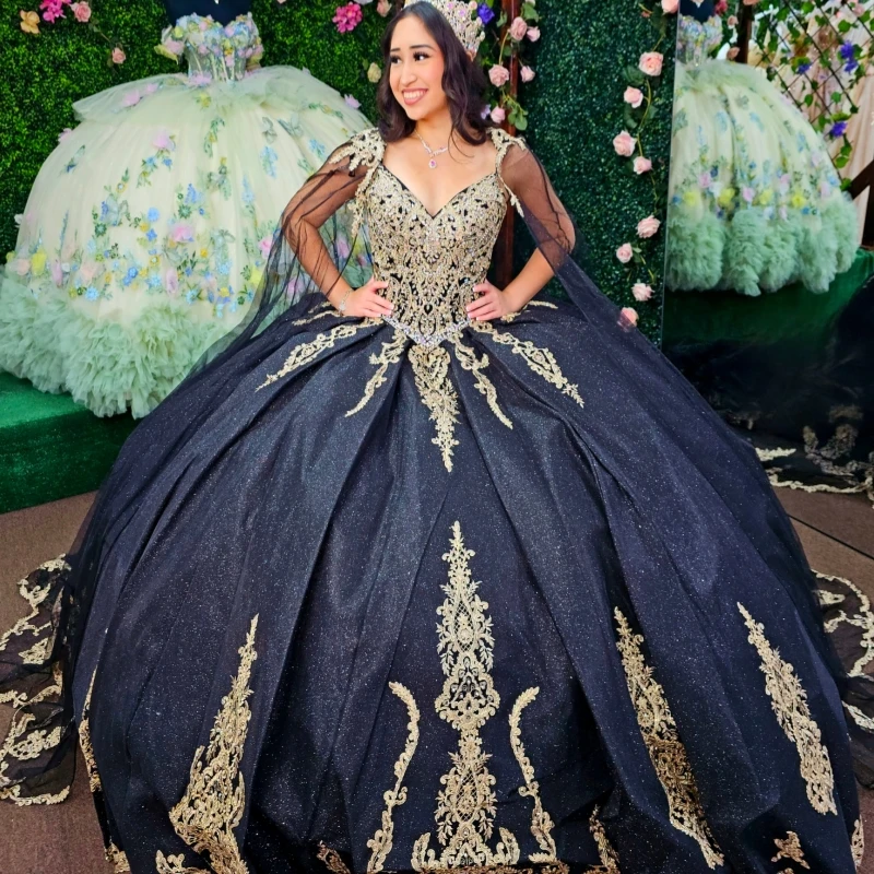 

Black Shiny Quinceanera Dresses Off The Shoulder Applique Lace Beading Tull Corset Party Birthday Sweet 16 Dress Vestidos 15