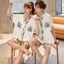 Conjunto de pijama de verano para hombre y mujer, ropa de dormir con dibujos de dinosaurio coreano, holgada, con cuello en V, de seda, para estar en casa