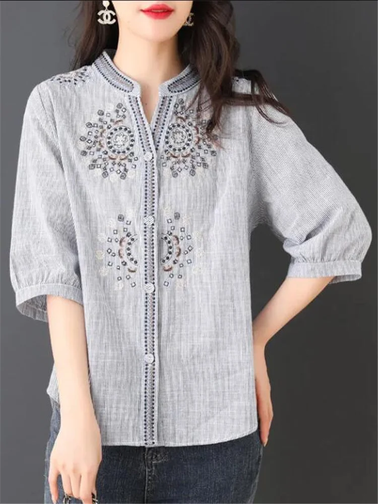 Cotton Embroidery Shirt Women\'s Blouses Three quarter Sleeve Fashion Versatile Loose Top Summer OL Femme Blusas O-neck Shirt