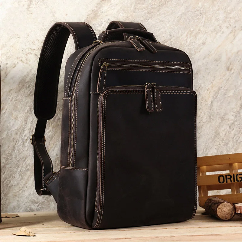 

Crazy Horse Leather Male Backpack Hard Leather Daypack for Men Rucksack Travelling Bagpack Student School Bag 15.6 Laptop Bag