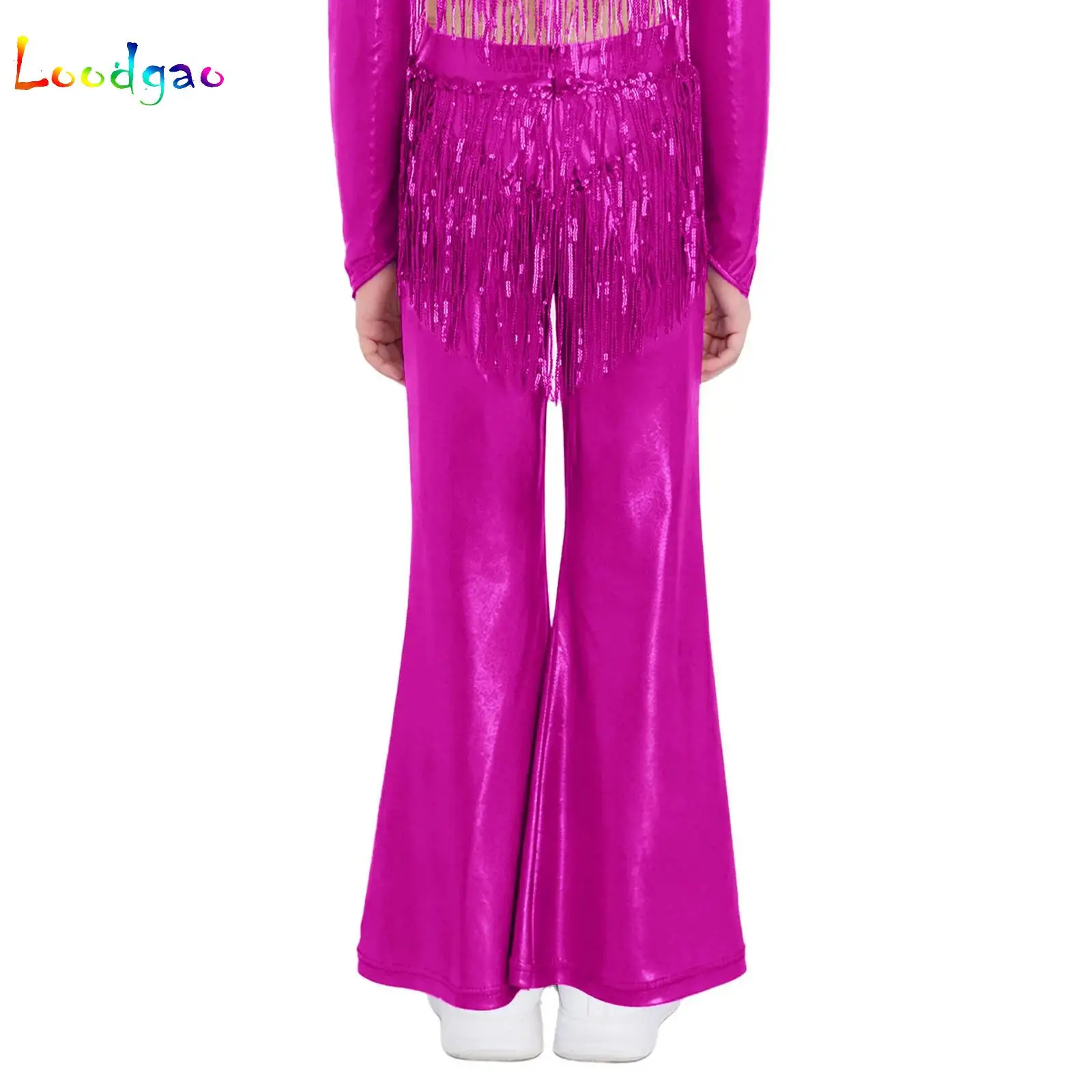 

Kids Jazz Street Dance Performance Costume Girls Flared Pants Shiny Sequin Tassels Trousers Disco Party Performance Dancewear