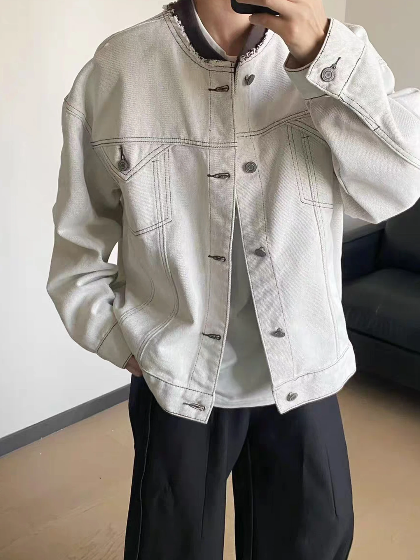 

Retro Wa Denim Jaet ort Sle ex Loose Fit Baseball Collar Button Closure Jaet for Men And Women