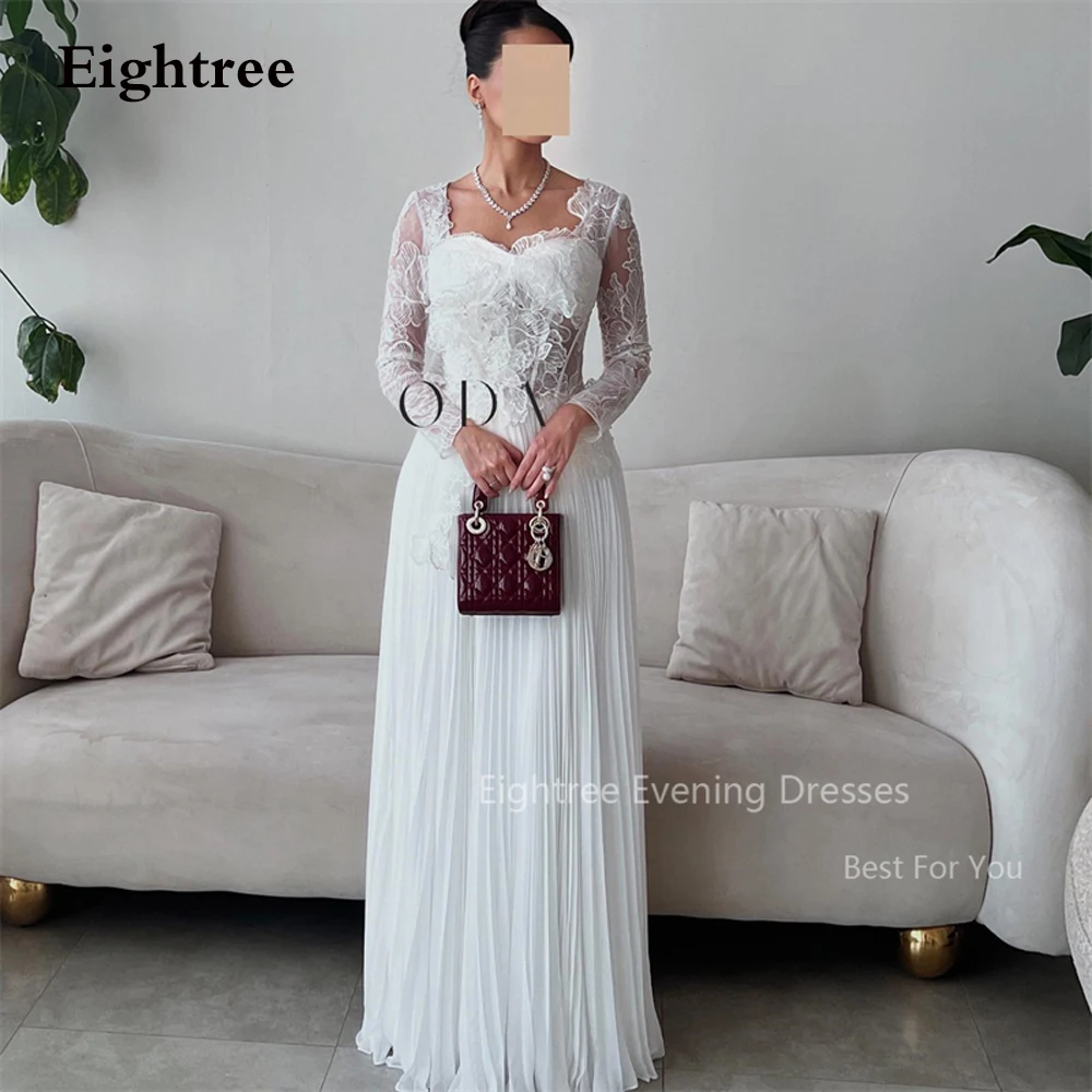 

Eightree White Chiffon Saudi Arabic Women Evening Dresses Lace Beach Long Dubai Party Prom Gowns Robe de soiree Formal Dress