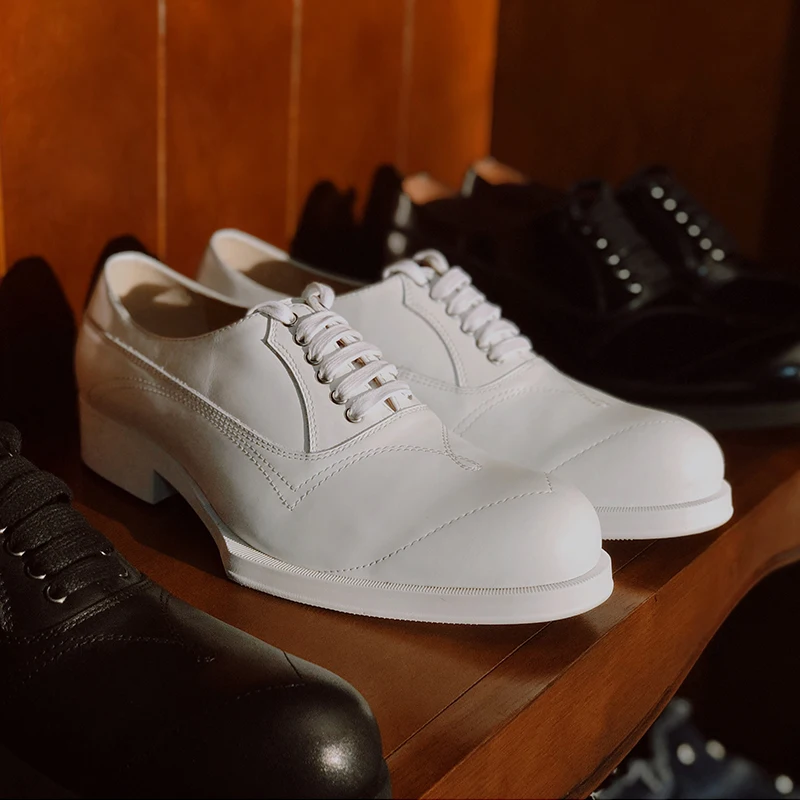 

Spring and summer new formal white profiled sole leather shoes cowhide oxford shoes lace up low top flat sole large men's shoes