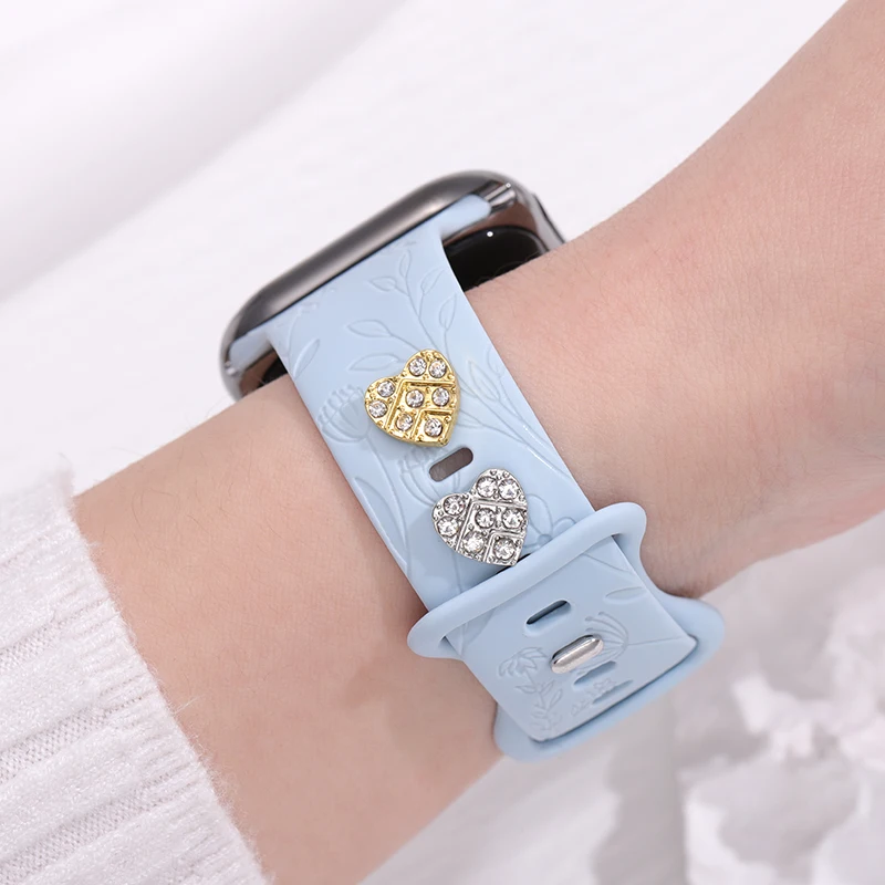 Gold Silver Colour Heart Shape Charm for Apple Watchband Silicone Strap Cute Decorative Jewelry Accessories Charms for Iwatch