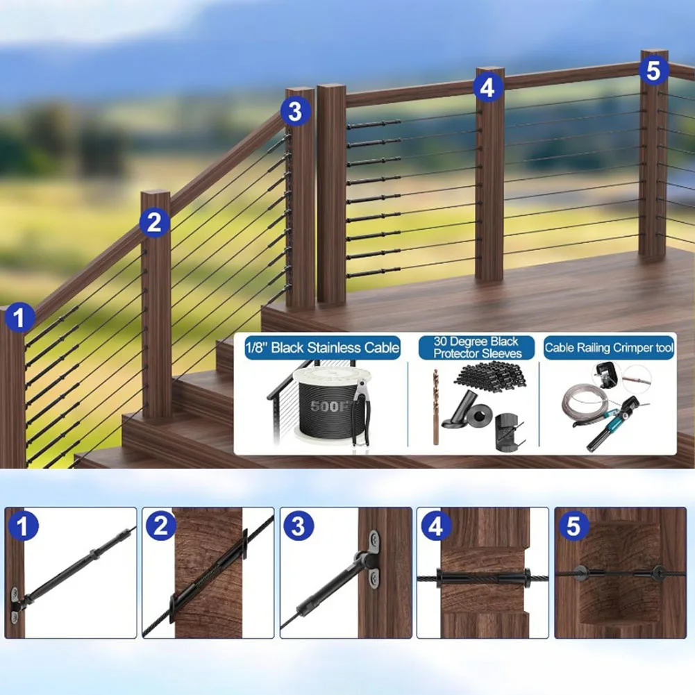45 Stück schwarze Edelstahl-Schutzhüllen für 1/8 Zoll 5/32 Zoll 3/16 Zoll Deck-Kabelgeländer für Holz-/Verbundpfosten