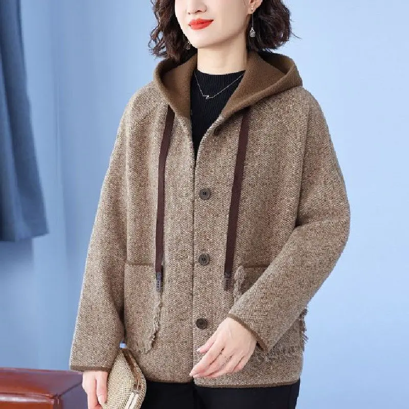 

2025Autumn Women's Loose Hooded Plaid Knit Cardigan Top Patchwork Single Button Pocket Elegant Casual Coat Long Sleeve Outerwear