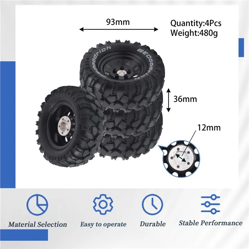 ABXE-4Pcs 1.9 Inch Metal Wheel Rim Rubber Tire For 1/10 RC Crawler TRX4 SCX10 D90 4103 90046 FR4 FMS NT4-Black Replacement