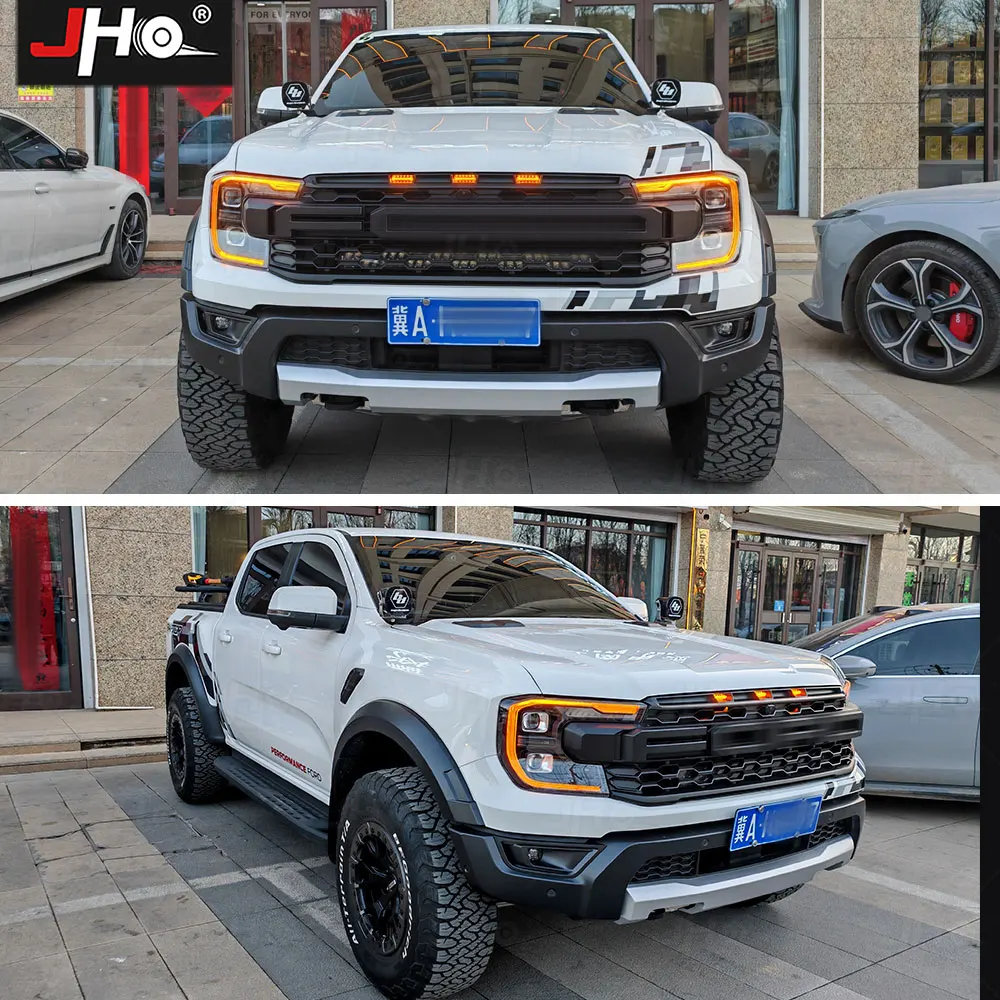 JHO Amber DRL Module Front LED Projector Headlights Frame Color Changing Replace For 2023 2024 2025 Ford Ranger Lariat Raptor T9