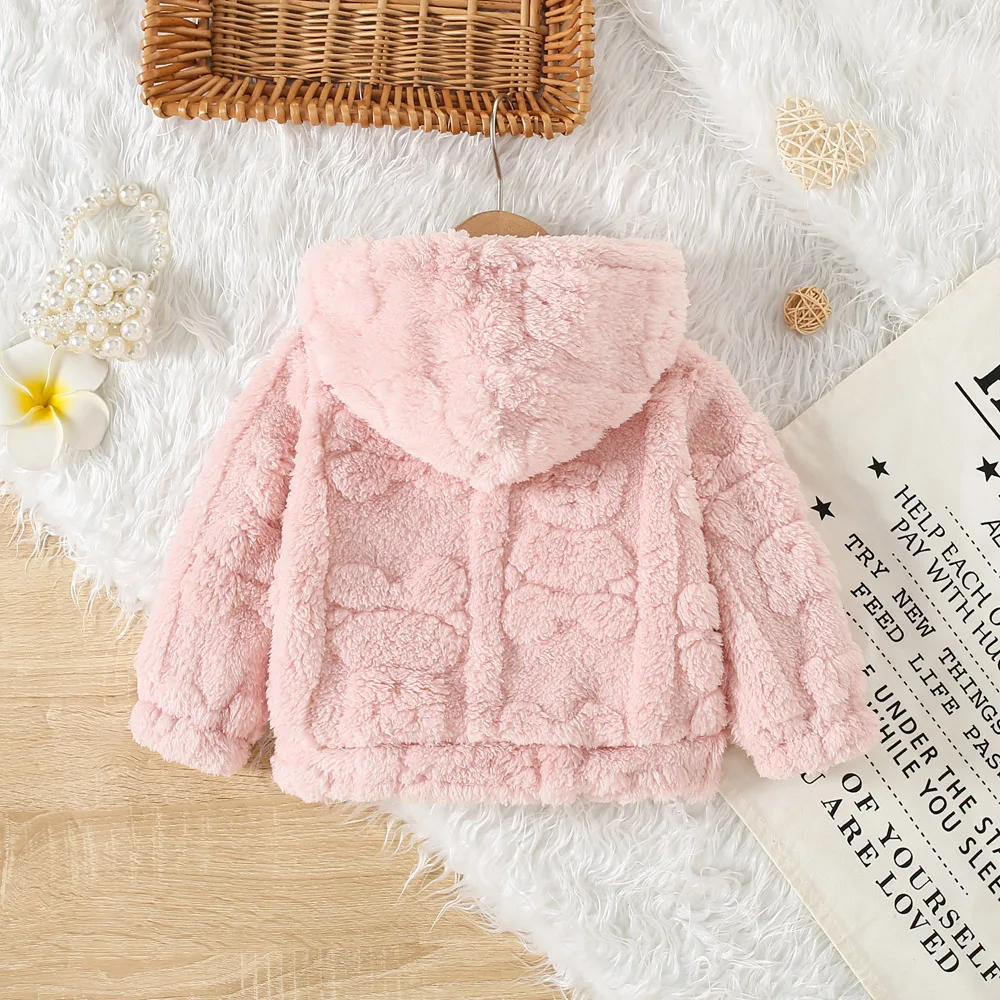 Autumn And Winter Woolen Sweater For Girls Cute Hooded Baby Girl Solid Color Cartoon Bear Heart-Shaped Woolen Jacket