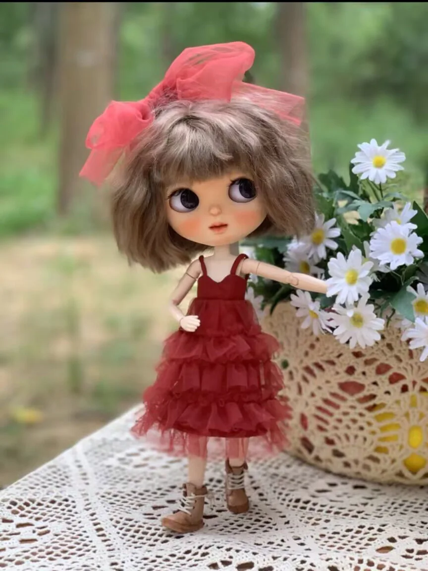 2025 2pcs French vintage Blythe Red lace mesh Puff Dress+bow 1/6 30cm(Fit for  azone,Pullip,Ob22/24/26, Licca)