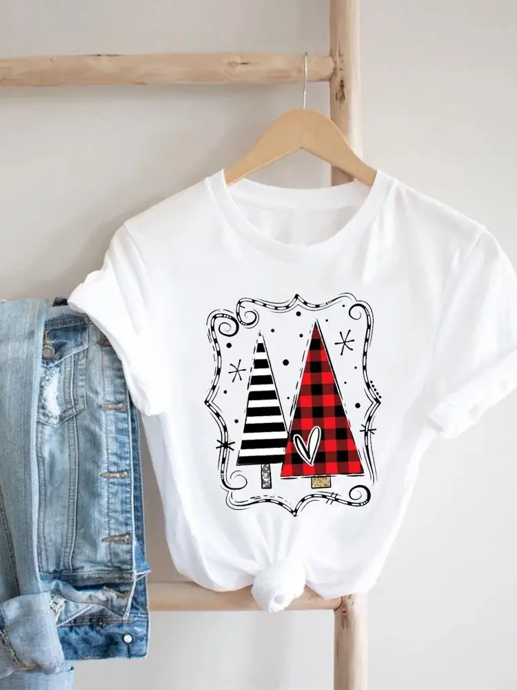 

New Year Christmas Tree Plaid Letter Graphic T Shirt Print T-shirt Top Fashion Female Short Sleeve Women Holiday Tee Clothing