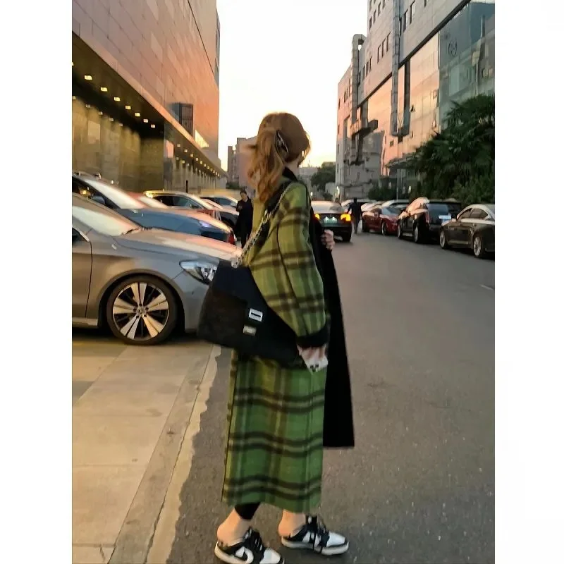 Fat mm Retro Senior Sense Positive and Negative Two Wear Green Plaid Woolen Coat Female 2023 Autumn and Winter Long Woolen Coat