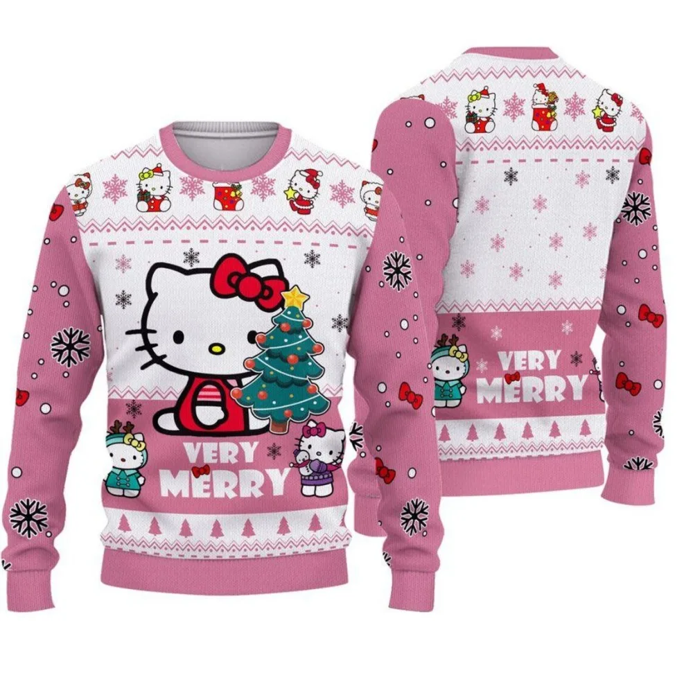 Hello Kitty „VERY MERRY“ Snowflake Ugly Christmas Chic Print Pullover Damen Trendiger festlicher Herbst-Winter-Pullover