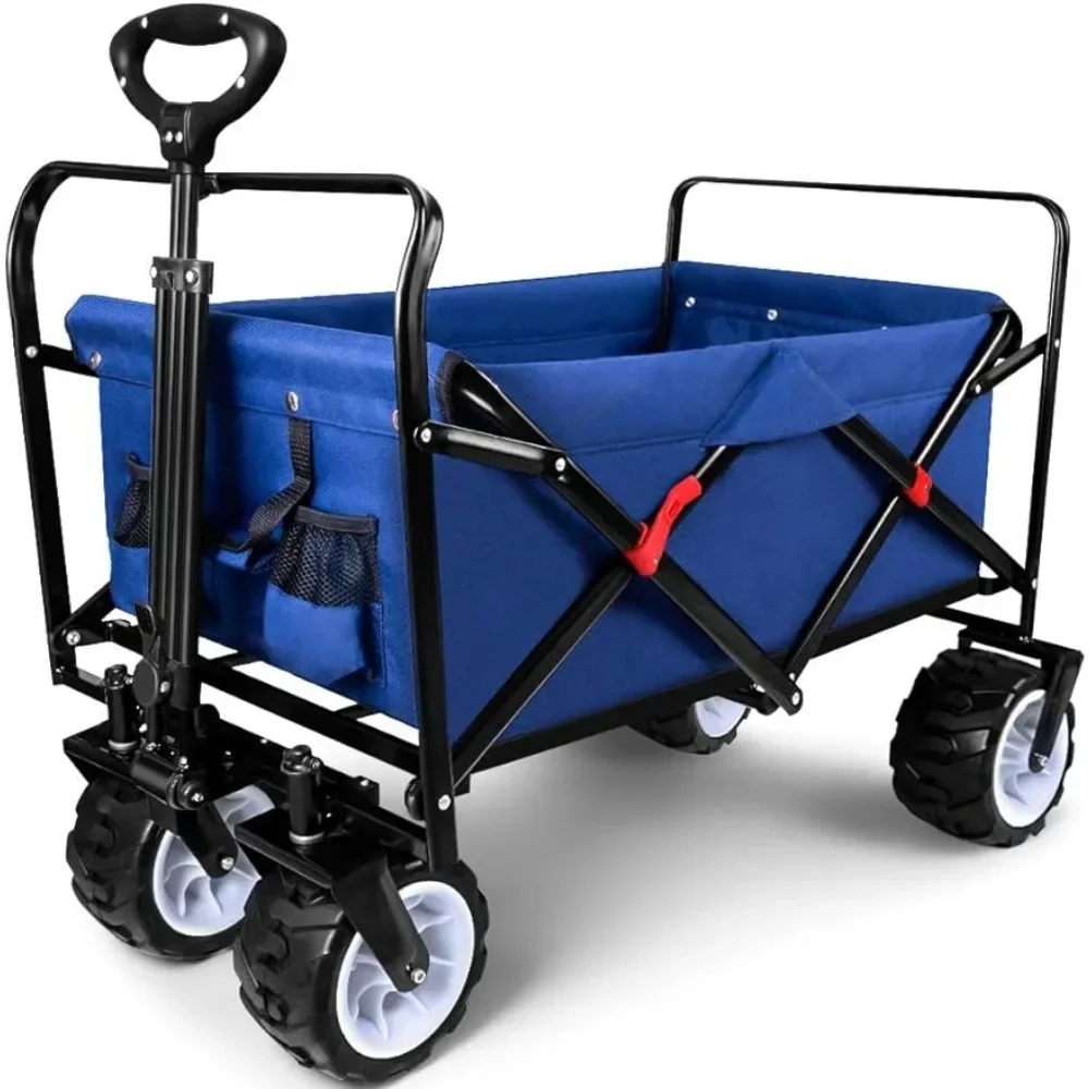 350 Pound Capacity Collapsible Foldable Beach Wagon With Big Wheels for Sand Camping Shopping All Terrain Utility Blue Trolley