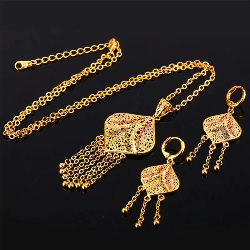 U7 Gold Color Jewelry Set Wedding Accessories Indian Trendy Tassels Party Long Earrings Necklace  For Women Gift S632