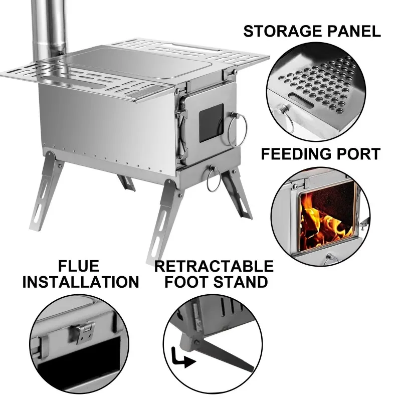 Portable outdoor camping wood-burning stove stainless steel folding tube, 90.6-inch tent, heats for hunting and cooking