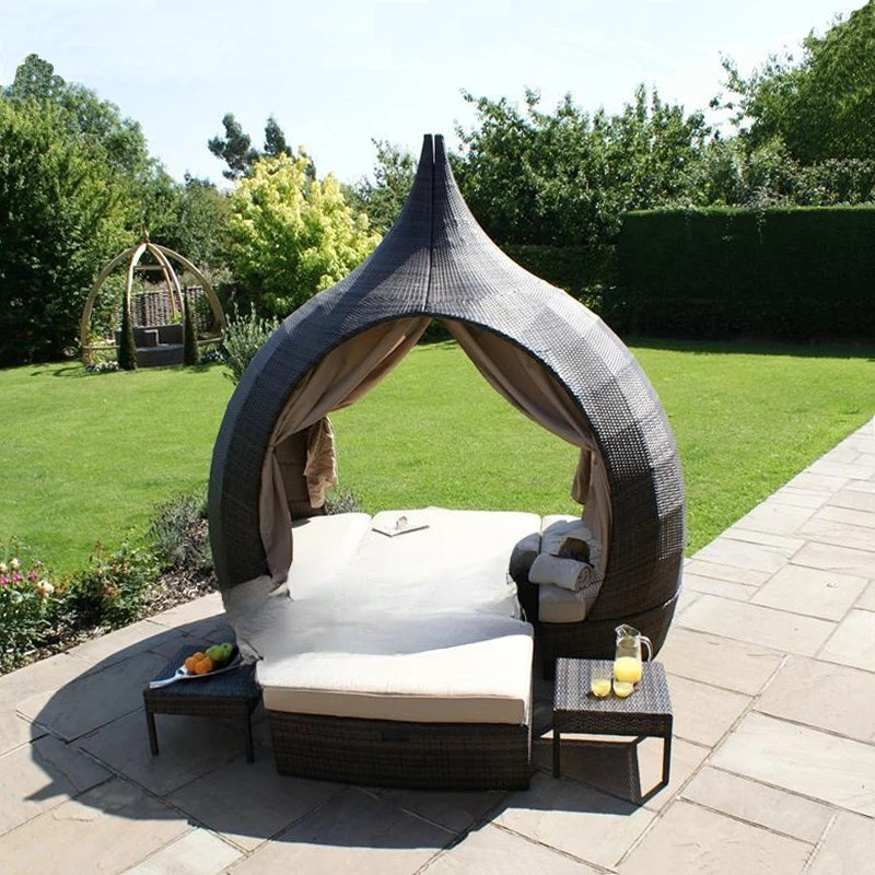 

Outdoor rattan round bed furniture, clubhouse swimming pool waterproof bed sofa with shed