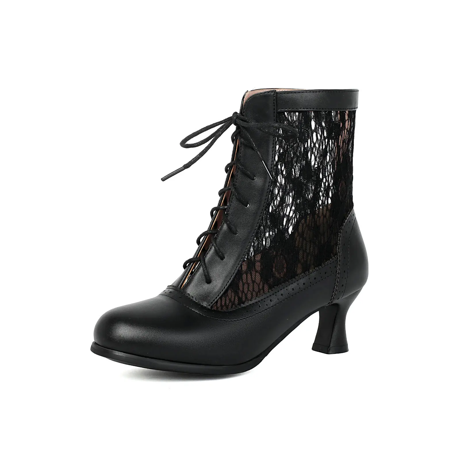 

Women's Victoria Boots Summer Lace Shoes 2026 Vintage Kitten Heels Bandage Perforated Black White Cosplay Dress Short Booties