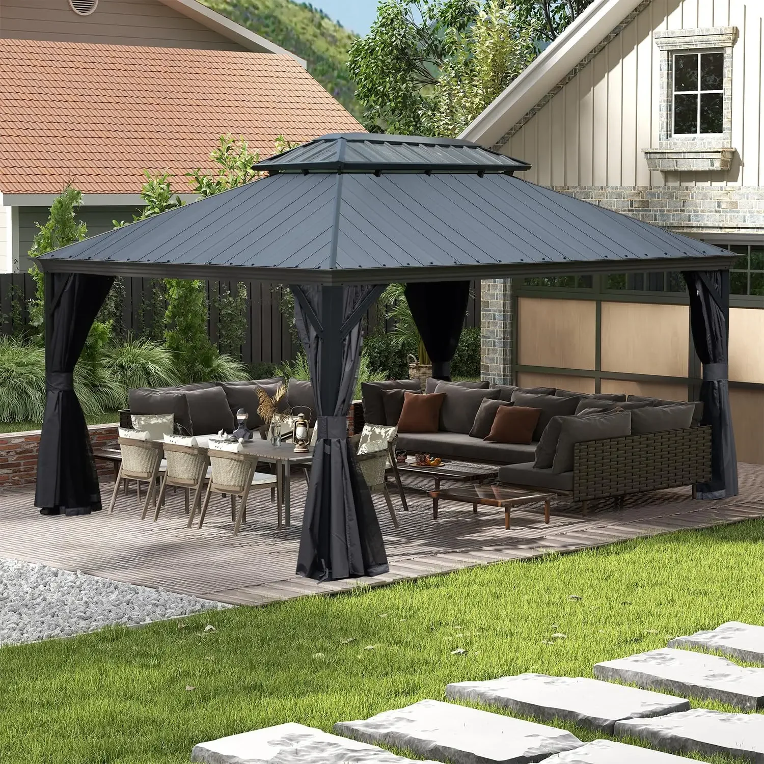 ！@12x14 FT Hardtop Gazebo with  Resin Roof,Drainage Gutters,Permanent Heavy Duty Pavilion,Curtains and Netting Included
