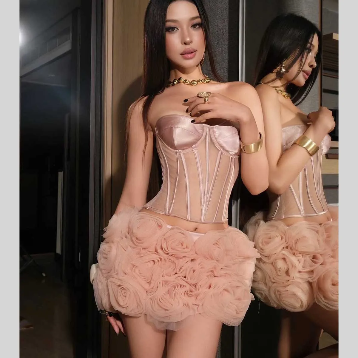 

Cute Ruffle Rose Mini Skirt Pink High Waist Handmade Tulle Flowers Short Skirt Women 3D Floral Event Birthday Party Skirts