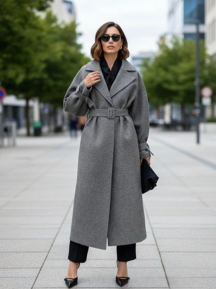 

Tsiisd Commuting Lace-Up Tapered Waist Overcoat Jackets For Women Loose Lapel Pocket Belt Elegant Solid Coat Female Outwear New