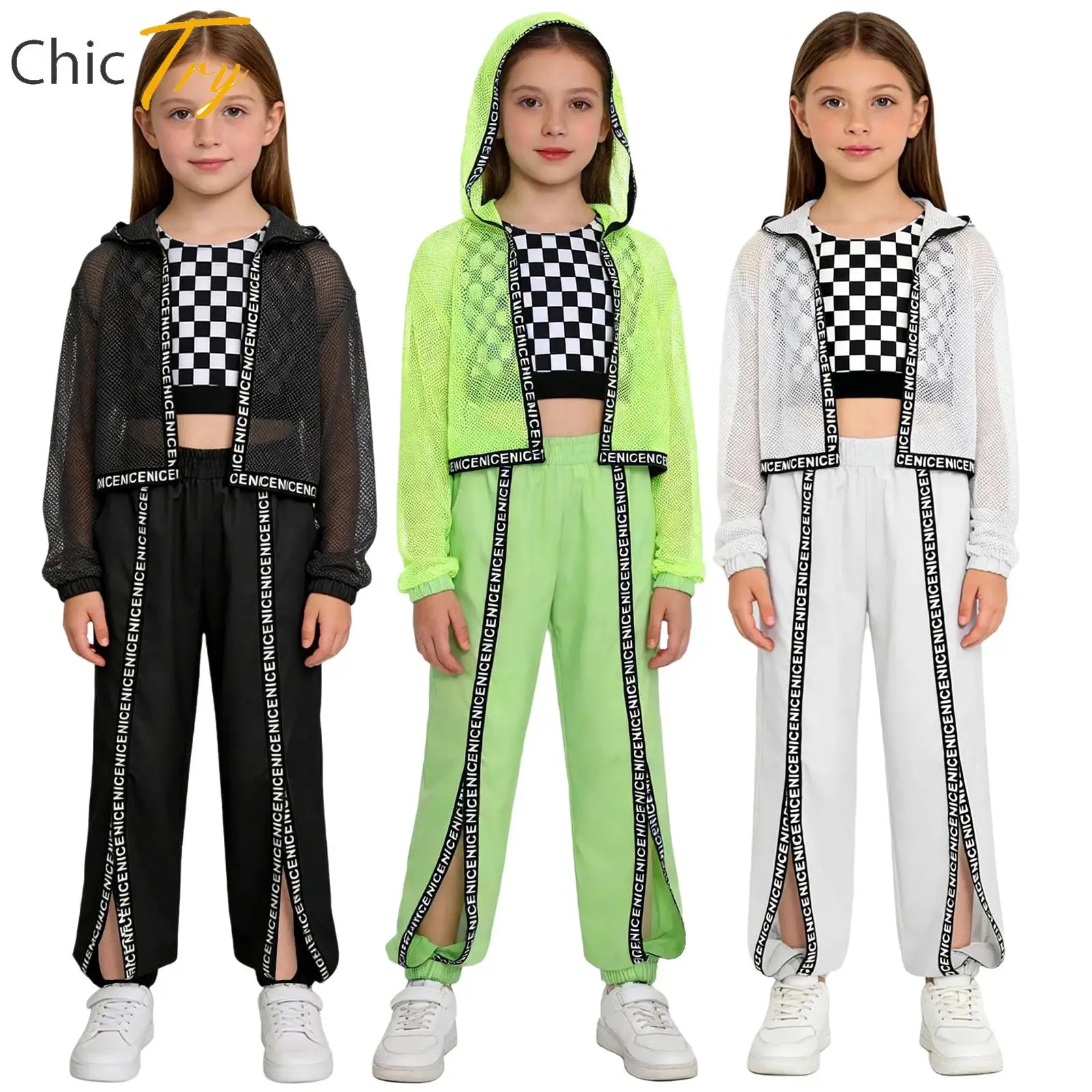 

Girls 3-piece Hip Hop Jazz Outfits Streetwear Performance Dancewear Checkered Tank Top+Hollow Out Fishnet Hooded Outerwear+Pants