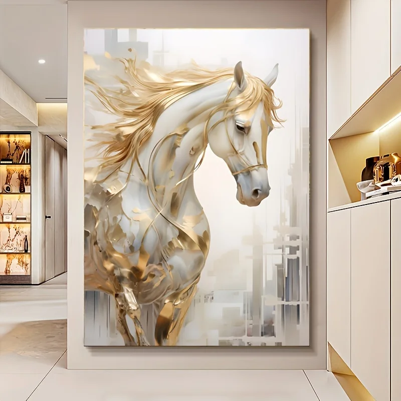 Frameless Golden Horse Canvas Wall Art Modern Decor with Urban Backdrop,White Golden Abstract Painting for Living Room Bedroom