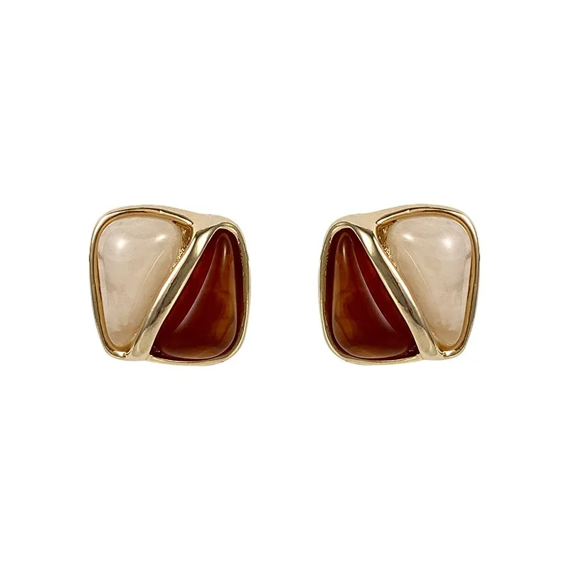 2024 New Temperament Color Block Ear Clip Women\'s Retro Ear Clip Small and Luxury Earrings Accessories