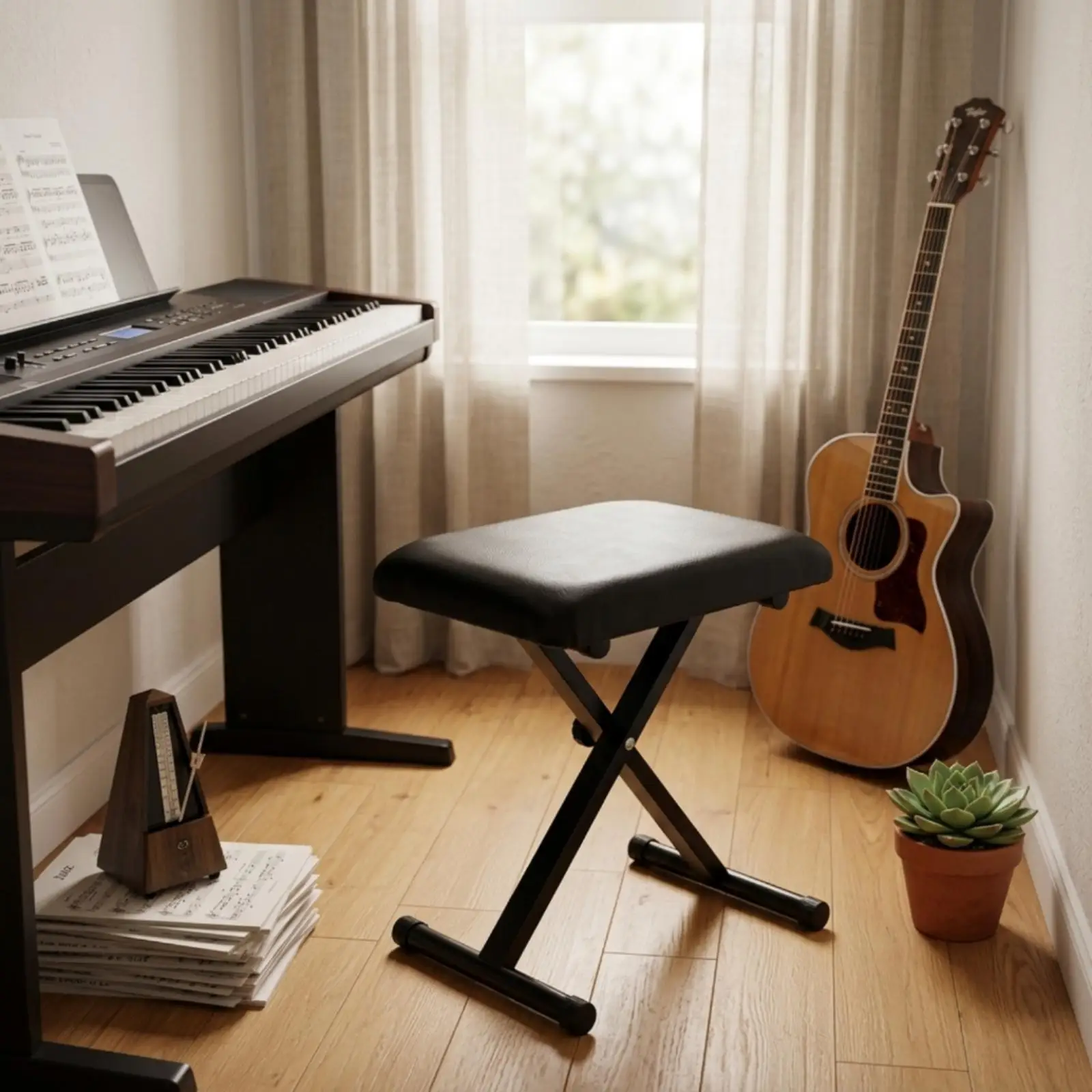 Adjustable Piano Bench Folding Padded Keyboard Stool with 3 Height Positions for Musicians Home Studio Stage Use