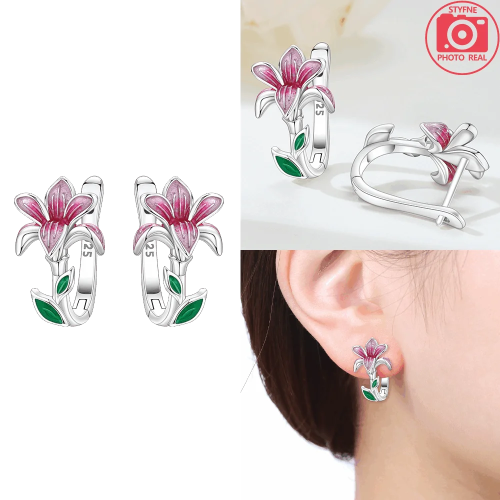 القرط الأصلي S925 فضة الوردي زهرة النبات أقراط زهر البرقوق الأخضر ورقة القرط الذكرى غرامة هدية الإكسسوار #3