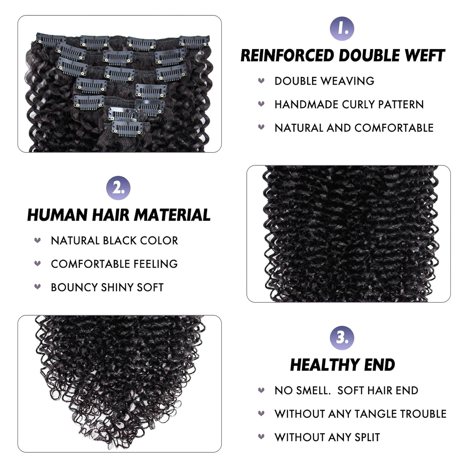 Kinky Curly คลิปในส่วนขยาย 3C 4A 100% บราซิล Remy Human Hair คลิปที่มองไม่เห็นและหนังศีรษะธรรมชาติสีดํา 7 ชิ้น