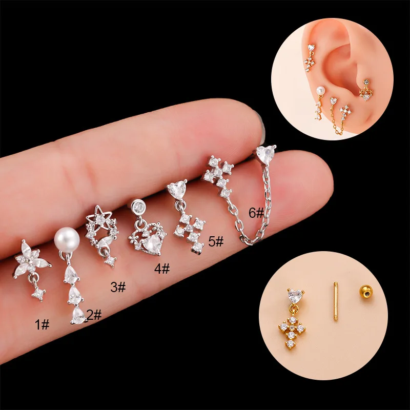 1PC 20G Stainless Steel Helix Dangle Earrings for Women Fashion Zircon Pearl Cross Chain Cartilage Stud Earring Piercing Jewelry