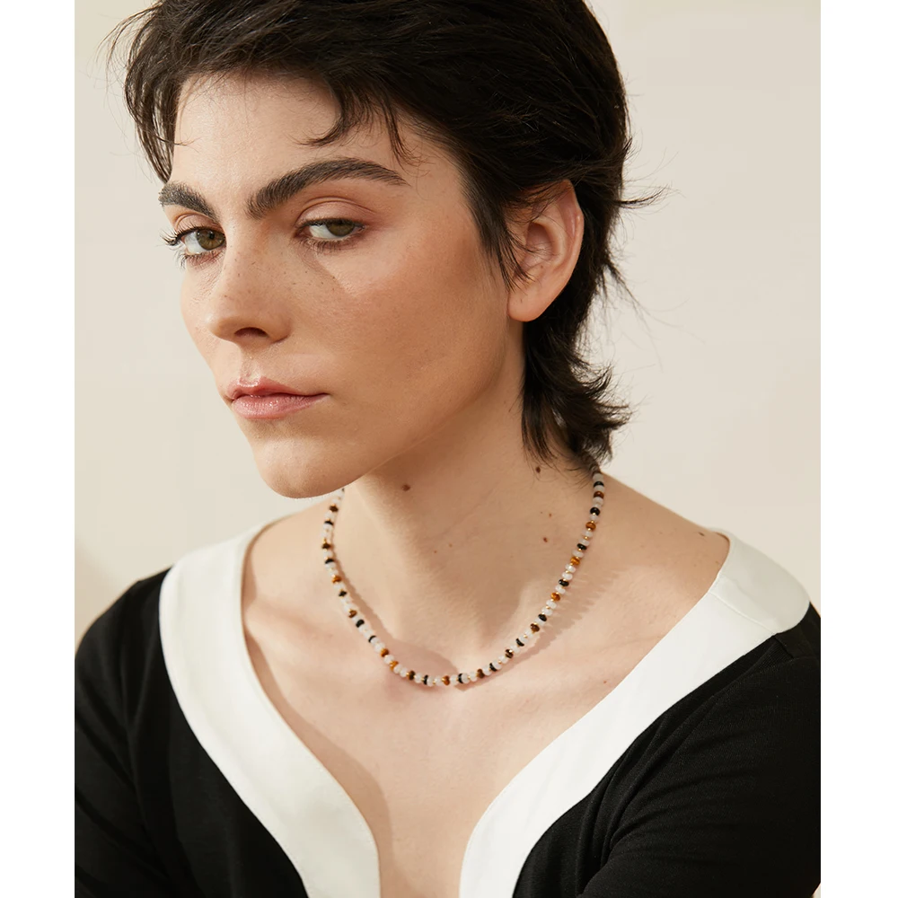 Yhpup Agate Natural Stone Handmade Chain Stainless Steel Collar Necklace High Quality Fashion Jewelry Waterproof for Women Gift