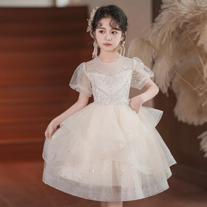 Girls New 2024 Luxury Elegant Dress For 7 8 To 10 Years Old Flower Girl Frock Design Princess Clothes Wedding Gala White Dresses