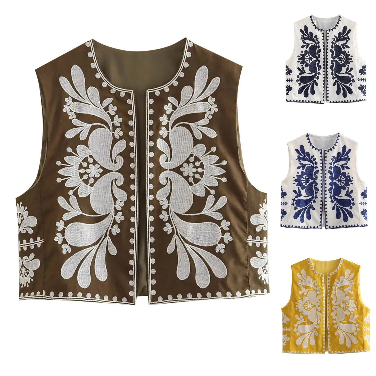 Women Floral Embroidered Vest French Fashion Vintage Cardigan Sleeveless V Neck Cotton Waistcoat Chic Casual Loose Outerwear Top